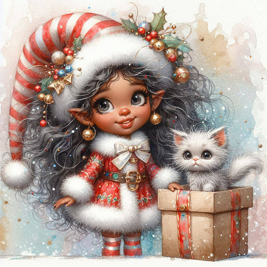 Christmas Girl With White Cat - Full Round Drill Diamond Painting 30*30CM