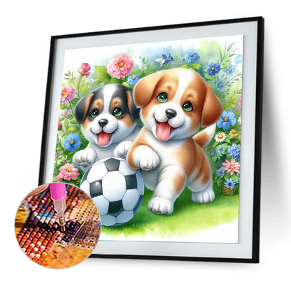 Two Dogs Playing Football In The Grass - Full Round Drill Diamond Painting 30*30CM