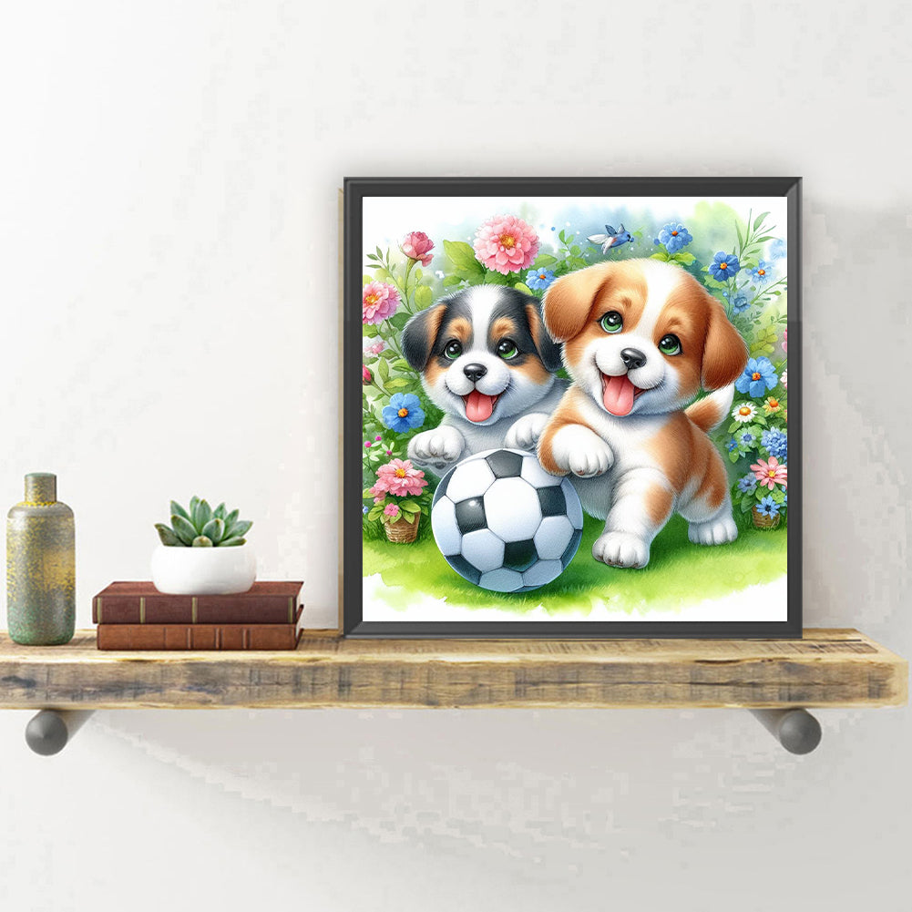 Two Dogs Playing Football In The Grass - Full Round Drill Diamond Painting 30*30CM