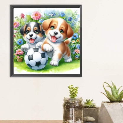 Two Dogs Playing Football In The Grass - Full Round Drill Diamond Painting 30*30CM