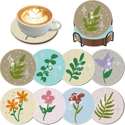 8Pcs Wooden Leaves Diamond Art Coasters 5D DIY Coaster Diamond Dot Kits