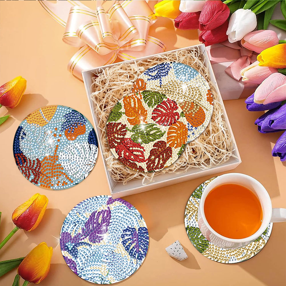 8Pcs Wooden Leaves Diamond Art Coasters 5D DIY Coaster Diamond Dot Kits