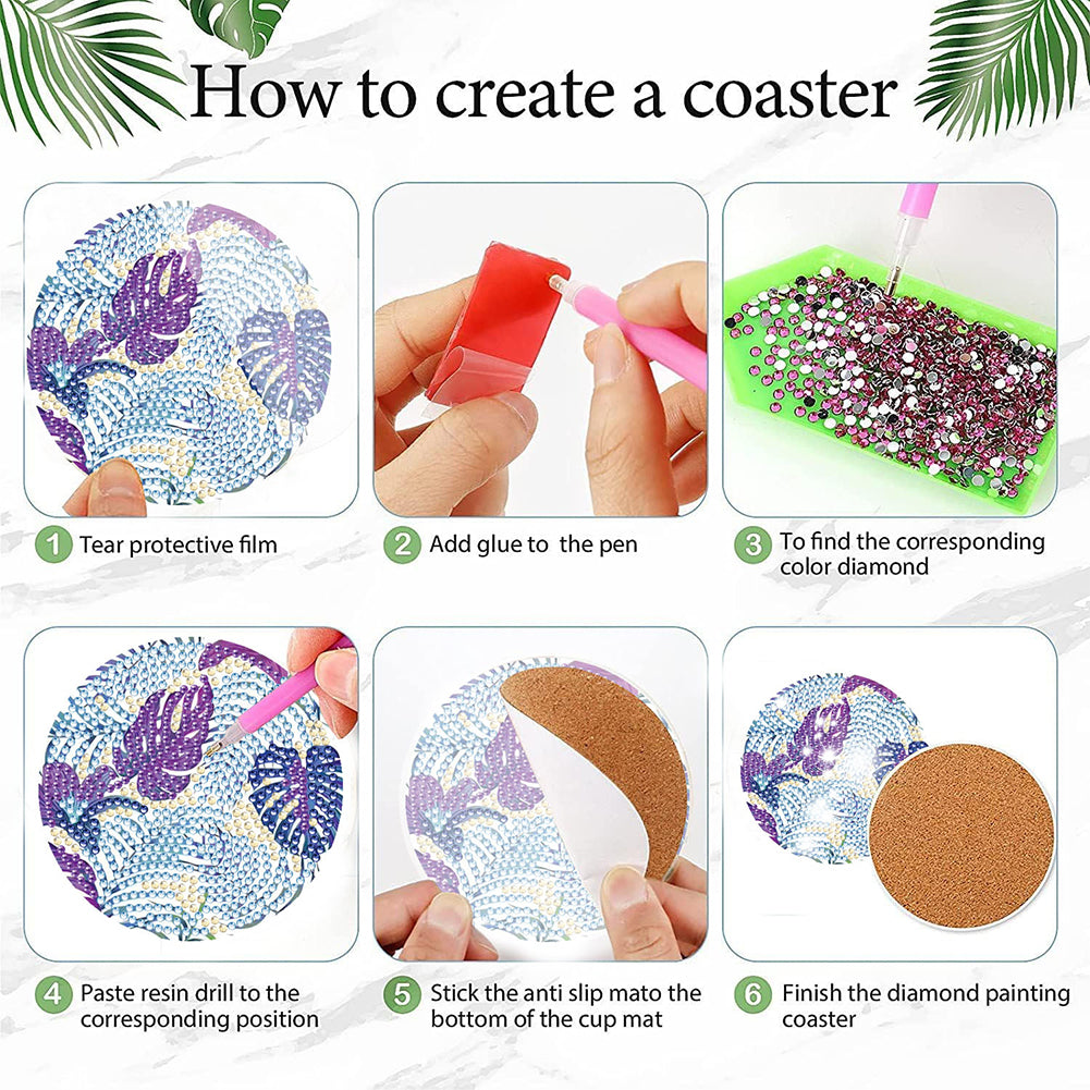 8Pcs Wooden Leaves Diamond Art Coasters 5D DIY Coaster Diamond Dot Kits