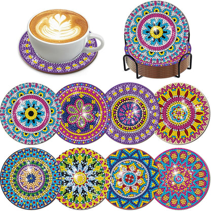 8Pcs Wooden Mandala Diamond Art Coasters 5D DIY Coaster Diamond Dot Kits