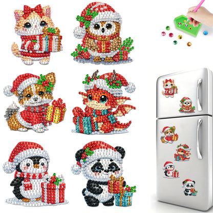 6Pcs Acrylic Christmas Animals Fridge Stickers Diamond Art Magnets Decals