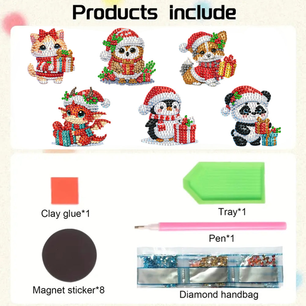 6Pcs Acrylic Christmas Animals Fridge Stickers Diamond Art Magnets Decals