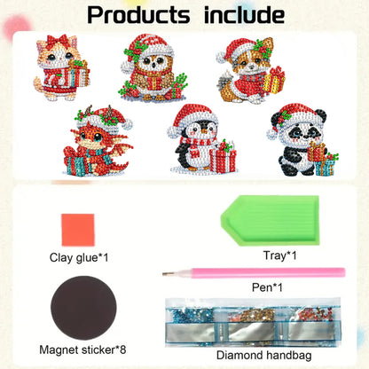 6Pcs Acrylic Christmas Animals Fridge Stickers Diamond Art Magnets Decals