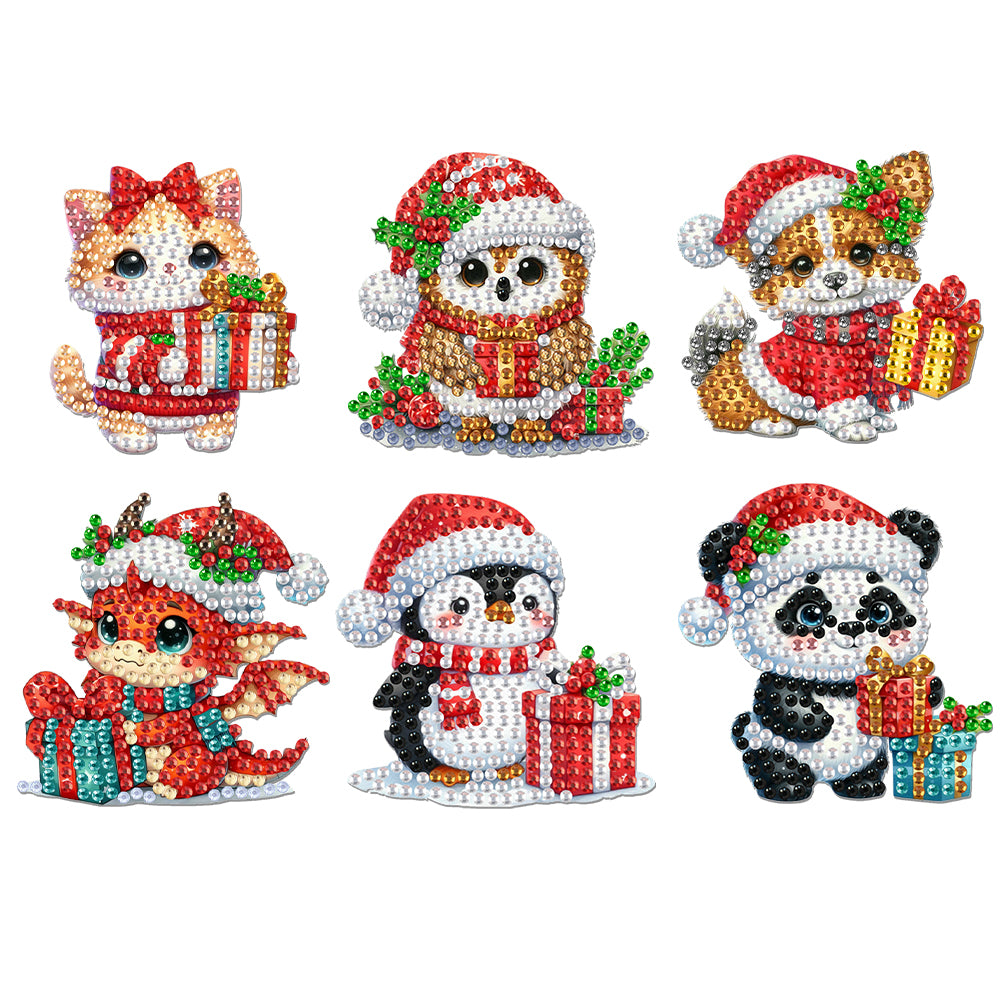 6Pcs Acrylic Christmas Animals Fridge Stickers Diamond Art Magnets Decals