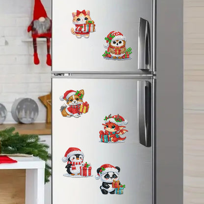 6Pcs Acrylic Christmas Animals Fridge Stickers Diamond Art Magnets Decals