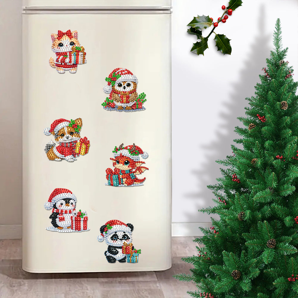 6Pcs Acrylic Christmas Animals Fridge Stickers Diamond Art Magnets Decals