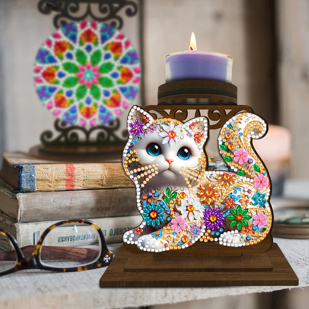 Animal Desktop 5D DIY Diamond Painting Art Candle Holder Home Decor (Kitten)