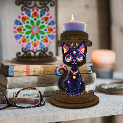 Animal Desktop 5D DIY Diamond Painting Art Candle Holder Home Decor (Black Cat)