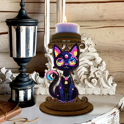 Animal Desktop 5D DIY Diamond Painting Art Candle Holder Home Decor (Black Cat)