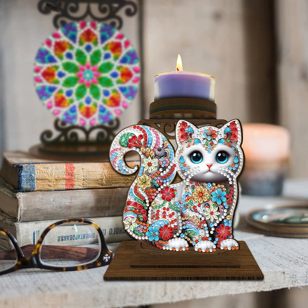 Animal Desktop 5D DIY Diamond Painting Art Candle Holder Home Decor (Kitten)