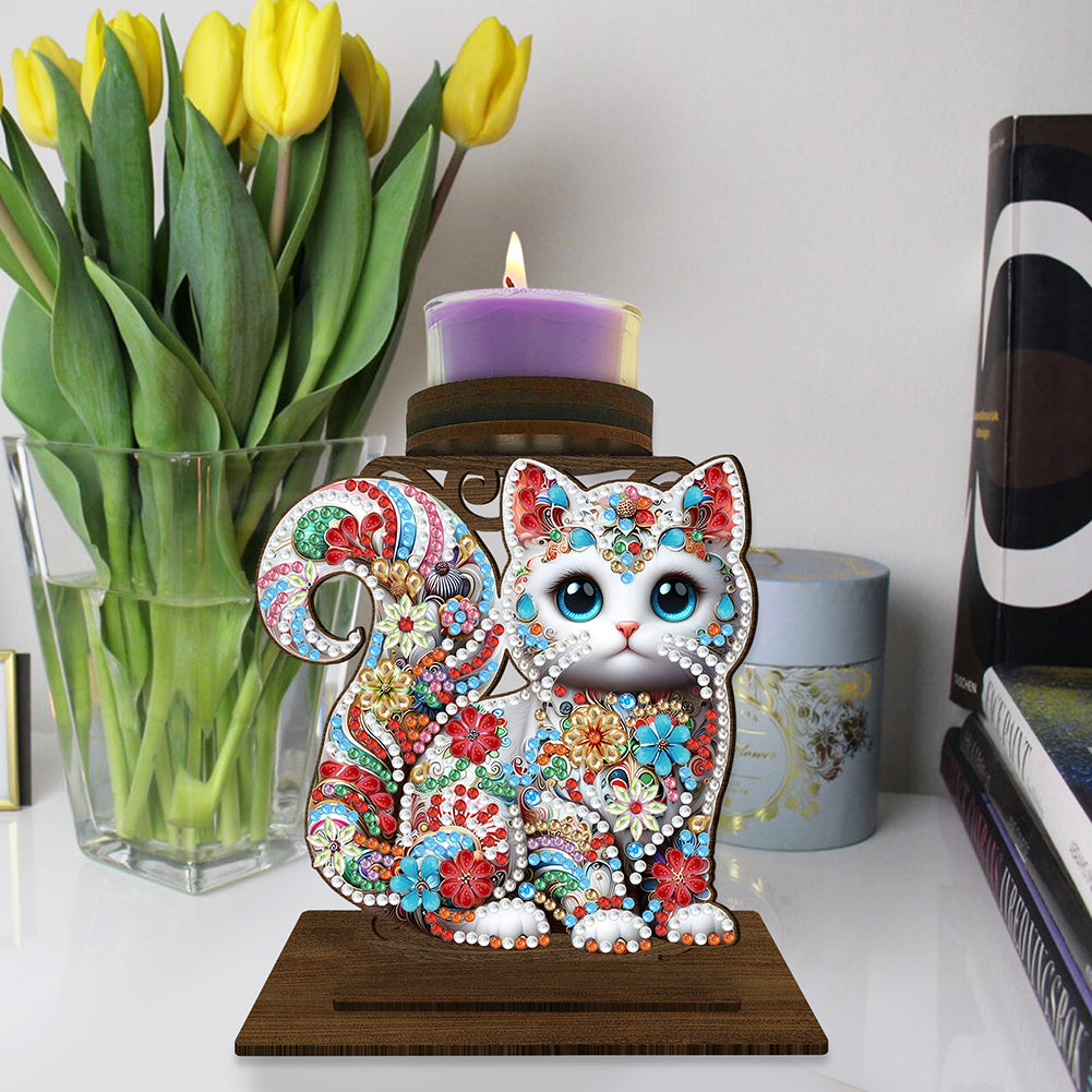 Animal Desktop 5D DIY Diamond Painting Art Candle Holder Home Decor (Kitten)