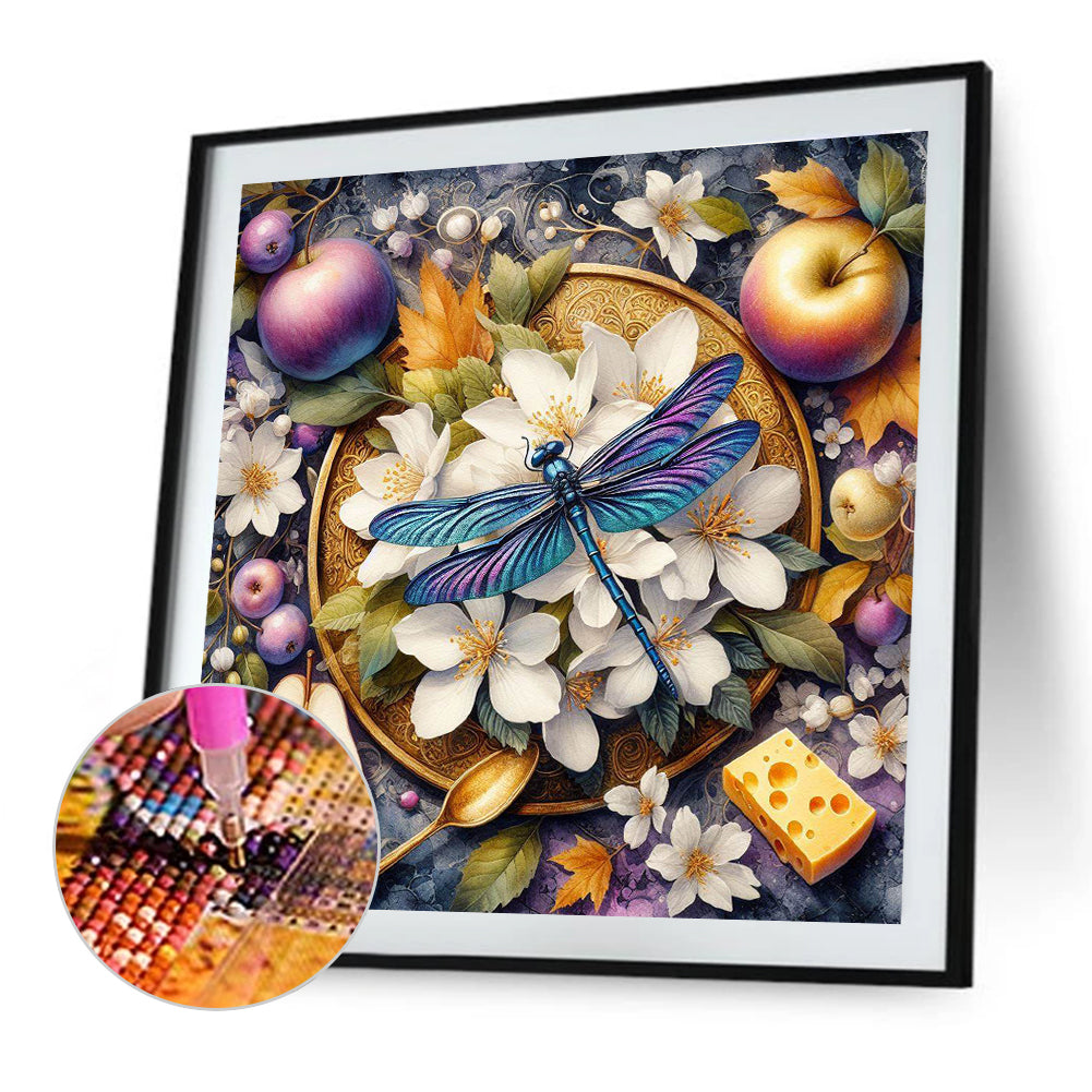 White Flower Dragonfly - Full Round Drill Diamond Painting 40*40CM