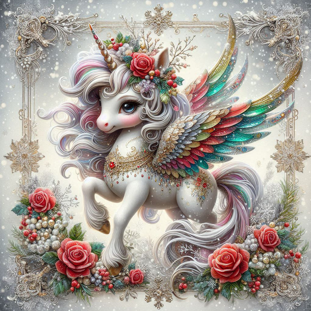 Christmas Colorful Feather Unicorn - Full Round Drill Diamond Painting 40*40CM