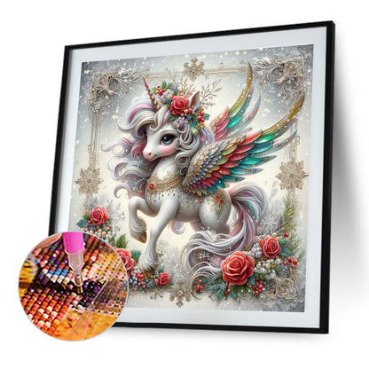 Christmas Colorful Feather Unicorn - Full Round Drill Diamond Painting 40*40CM