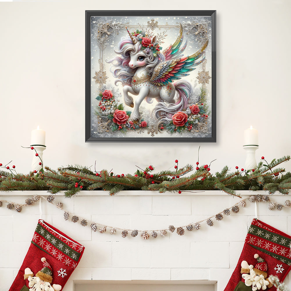 Christmas Colorful Feather Unicorn - Full Round Drill Diamond Painting 40*40CM