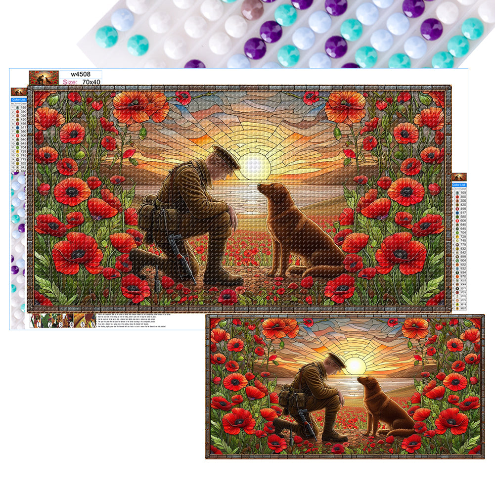 Glass Painting Of A Soldier And A War Dog, Golden Retriever - Full Round Drill Diamond Painting 40*70CM