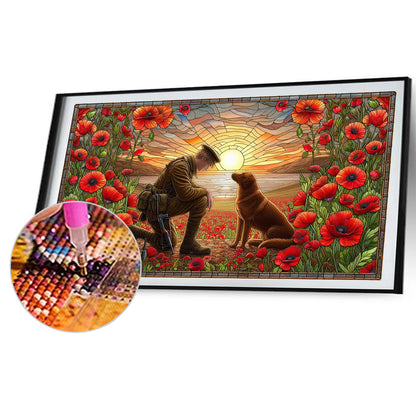 Glass Painting Of A Soldier And A War Dog, Golden Retriever - Full Round Drill Diamond Painting 40*70CM