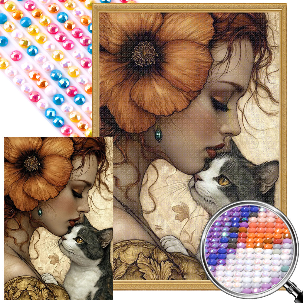 Girl And Cat - Full AB Round Drill Diamond Painting 40*60CM