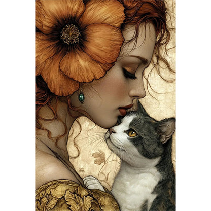 Girl And Cat - Full AB Round Drill Diamond Painting 40*60CM