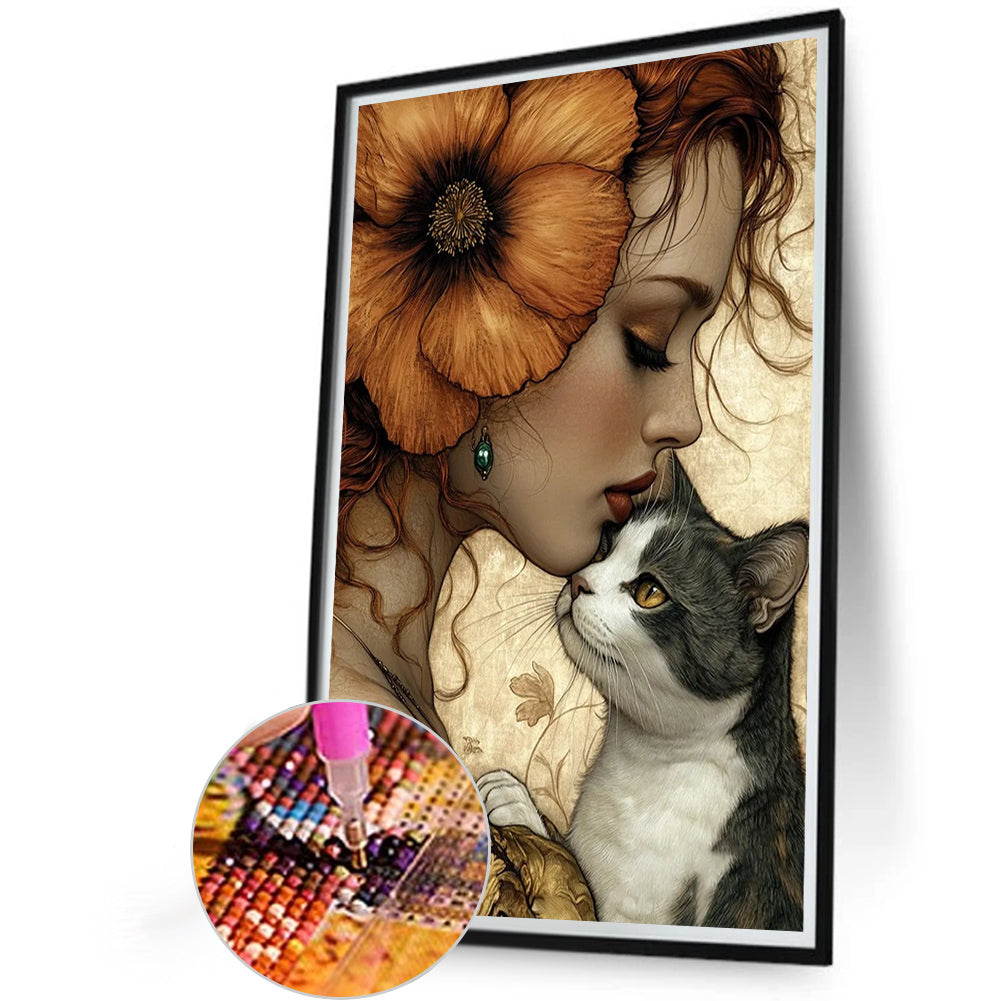 Girl And Cat - Full AB Round Drill Diamond Painting 40*60CM