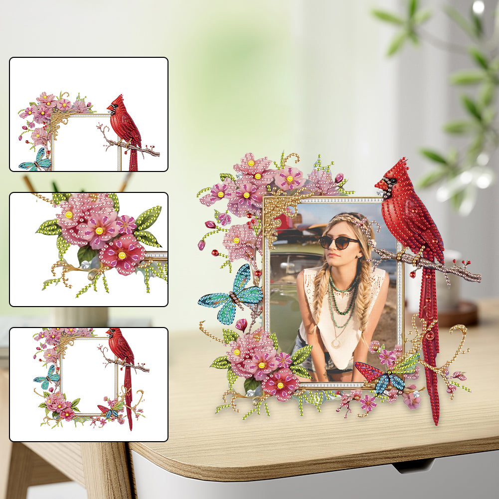 Acrylic Special Shape Cardinal and Flower Diamond Painting Picture Frame