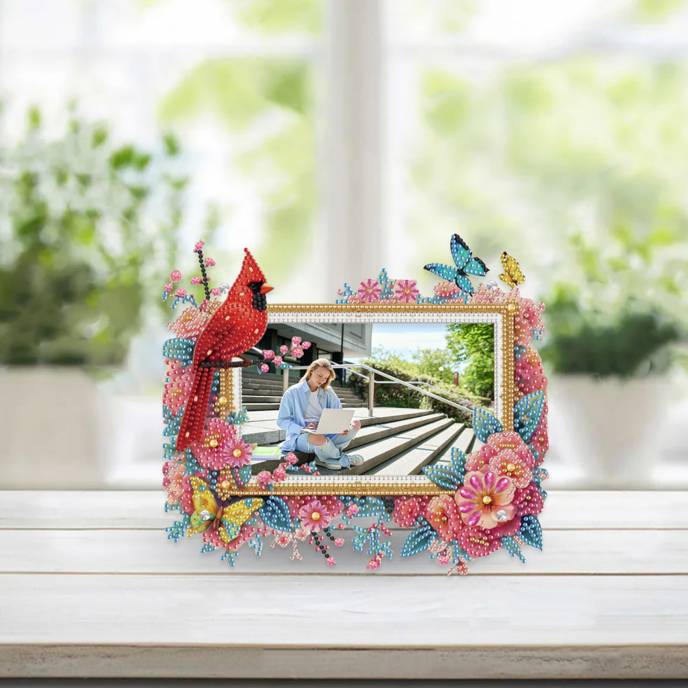 Acrylic Special Shape Cardinal and Flower Diamond Painting Picture Frame