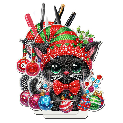 Acrylic Special Shape Double Side Xmas Black Cat Diamond Painting Pencil Holder