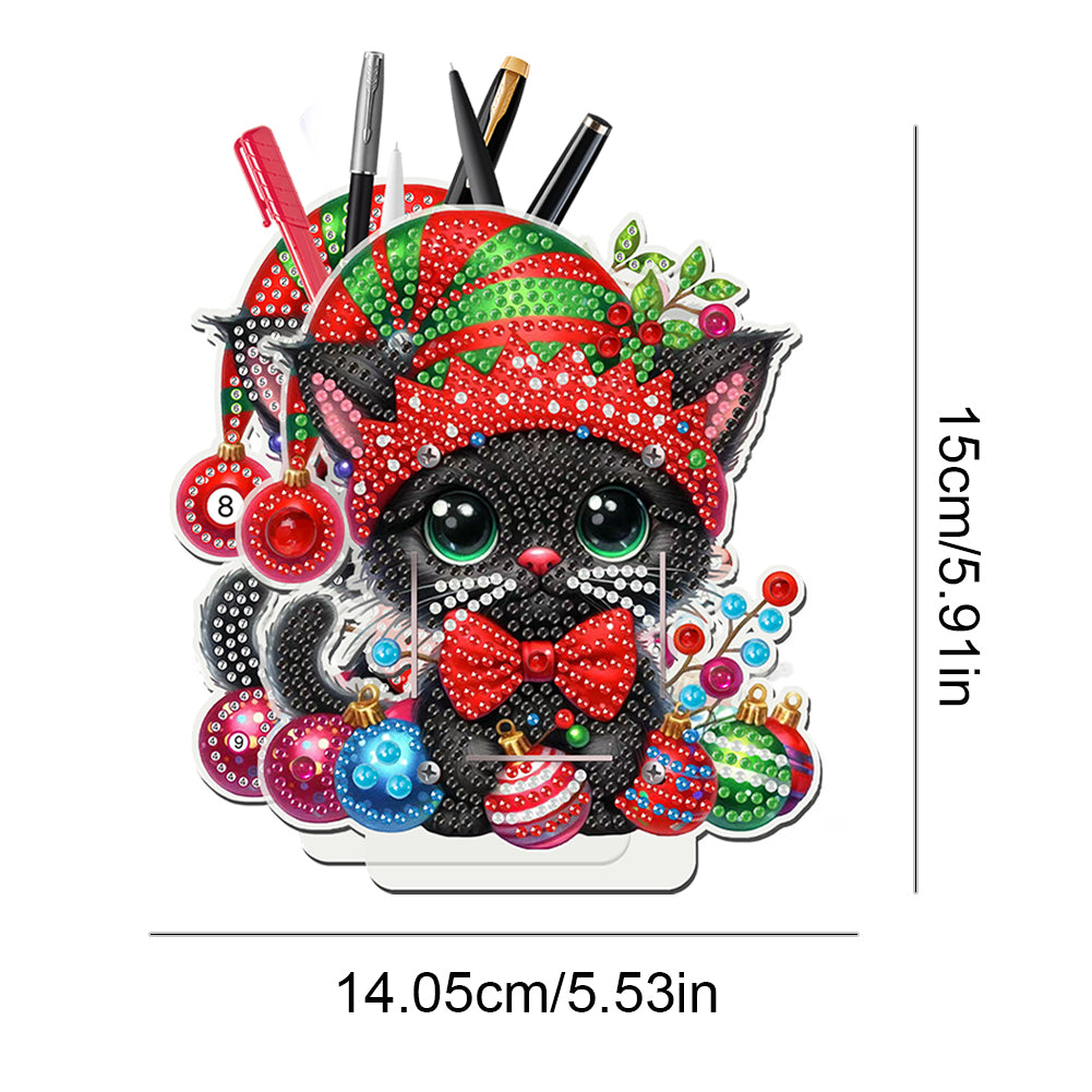 Acrylic Special Shape Double Side Xmas Black Cat Diamond Painting Pencil Holder