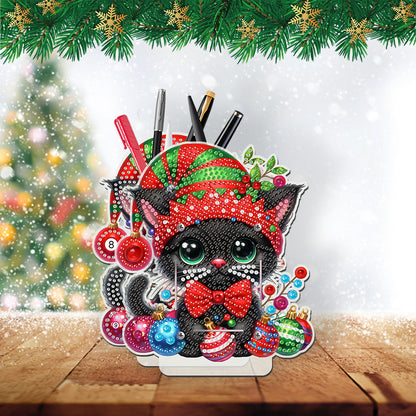 Acrylic Special Shape Double Side Xmas Black Cat Diamond Painting Pencil Holder