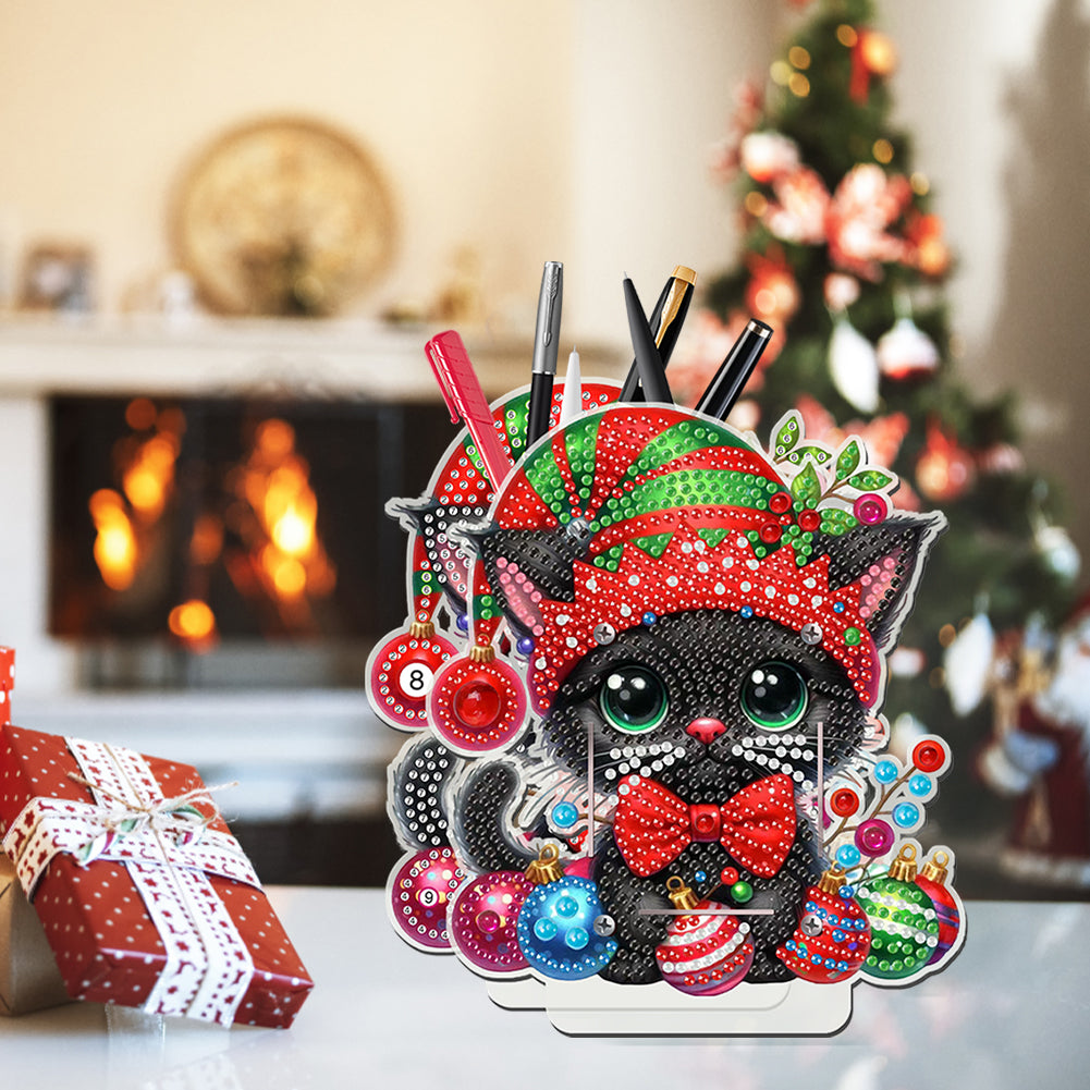 Acrylic Special Shape Double Side Xmas Black Cat Diamond Painting Pencil Holder