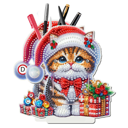 Acrylic Special Shape Double Side Christmas Cat Diamond Painting Pencil Holder