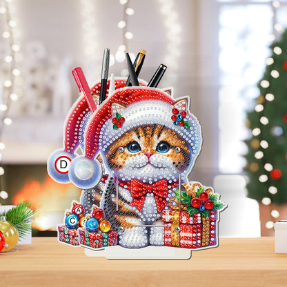 Acrylic Special Shape Double Side Christmas Cat Diamond Painting Pencil Holder