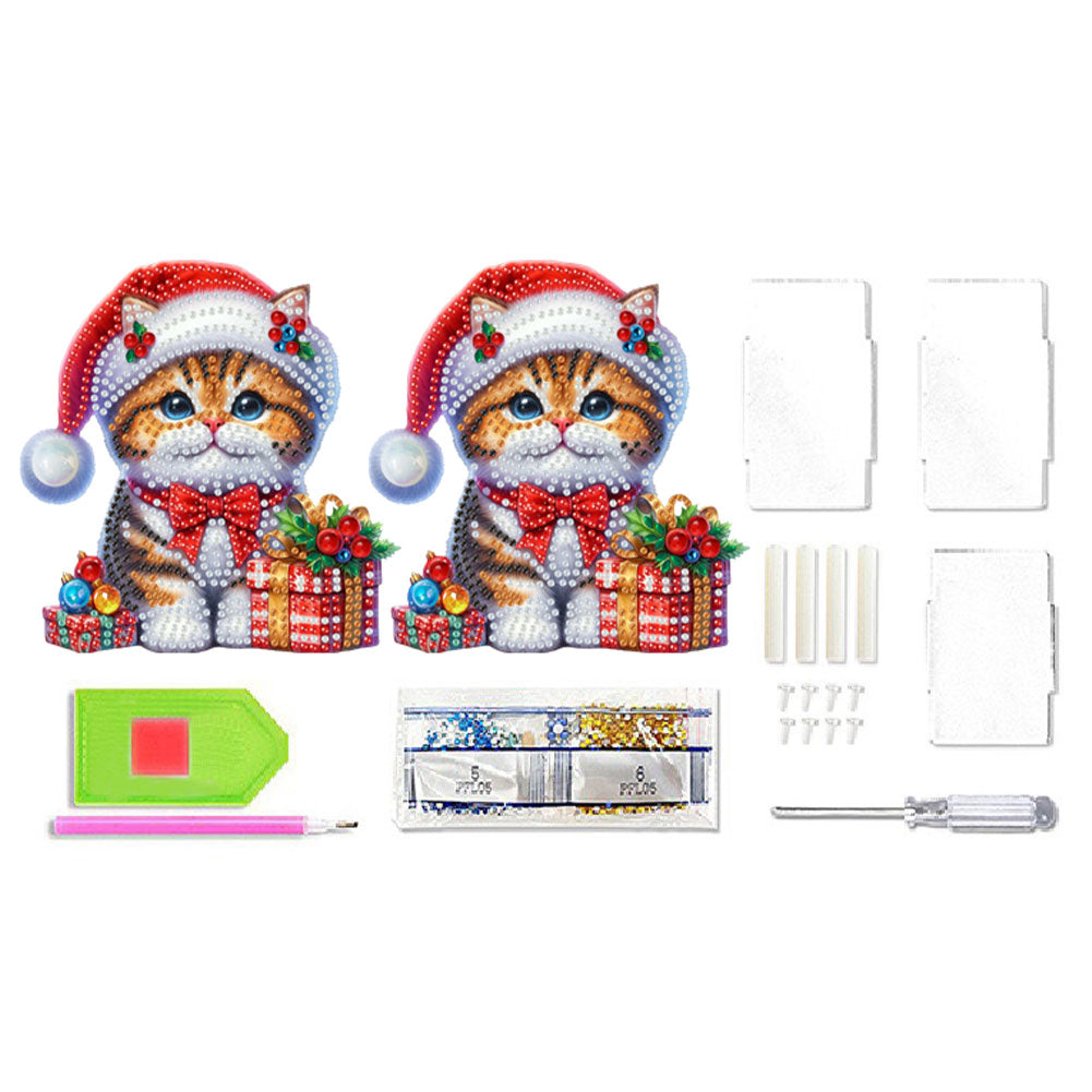 Acrylic Special Shape Double Side Christmas Cat Diamond Painting Pencil Holder