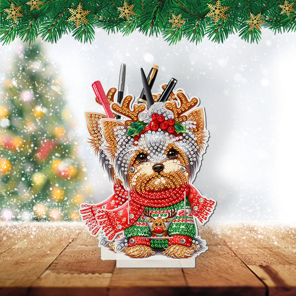 Acrylic Special Shape Double Side Christmas Dog Diamond Painting Pencil Holder