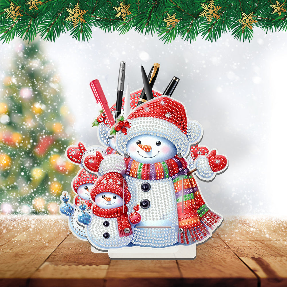 Acrylic Special Shape Double Side Xmas Snowman Diamond Painting Pencil Holder