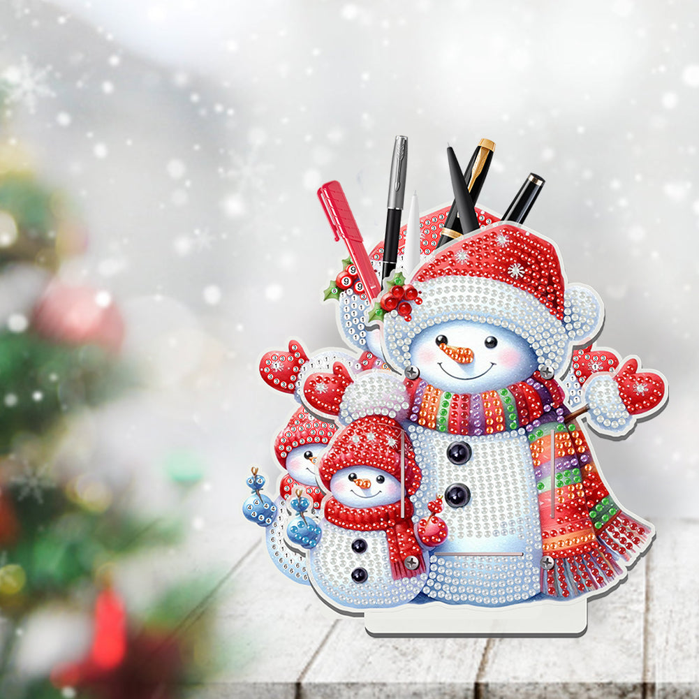 Acrylic Special Shape Double Side Xmas Snowman Diamond Painting Pencil Holder