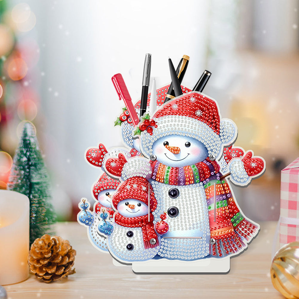 Acrylic Special Shape Double Side Xmas Snowman Diamond Painting Pencil Holder