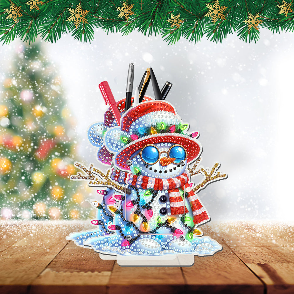 Acrylic Special Shape Double Side Xmas Snowman Diamond Painting Pencil Holder