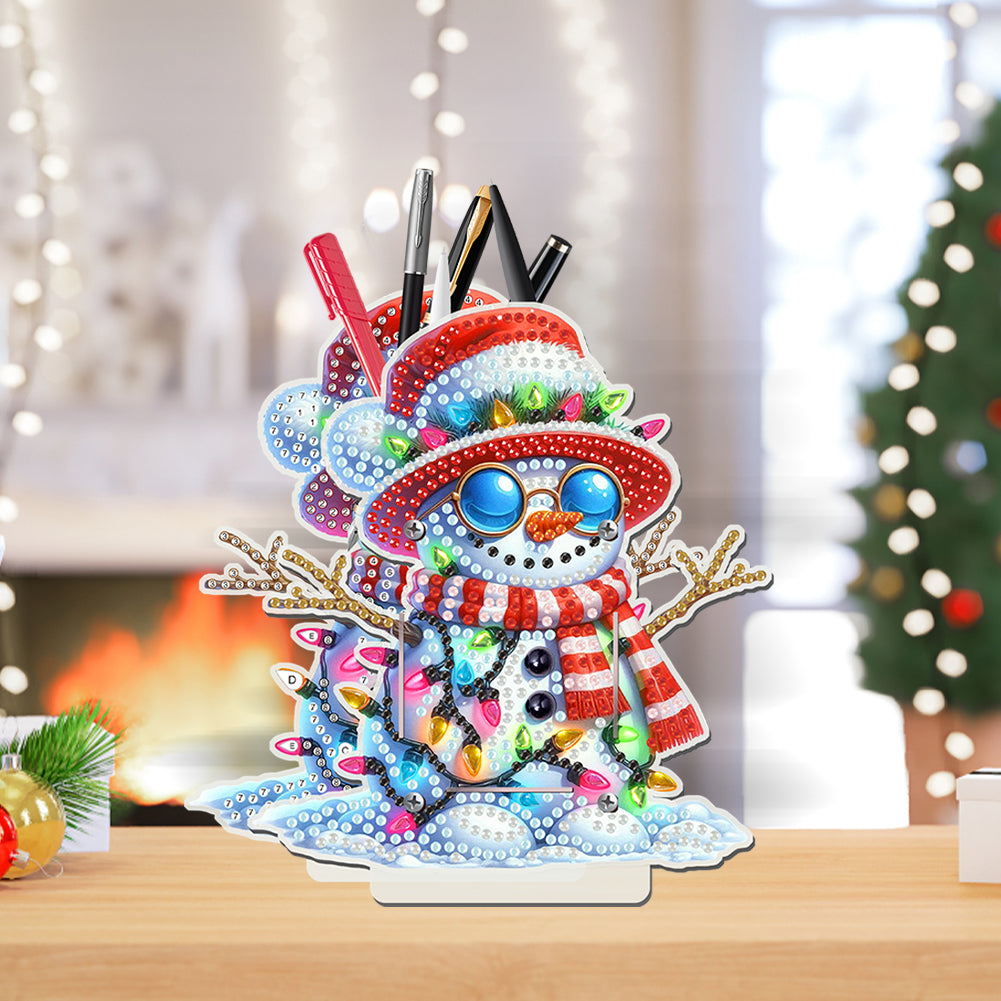 Acrylic Special Shape Double Side Xmas Snowman Diamond Painting Pencil Holder