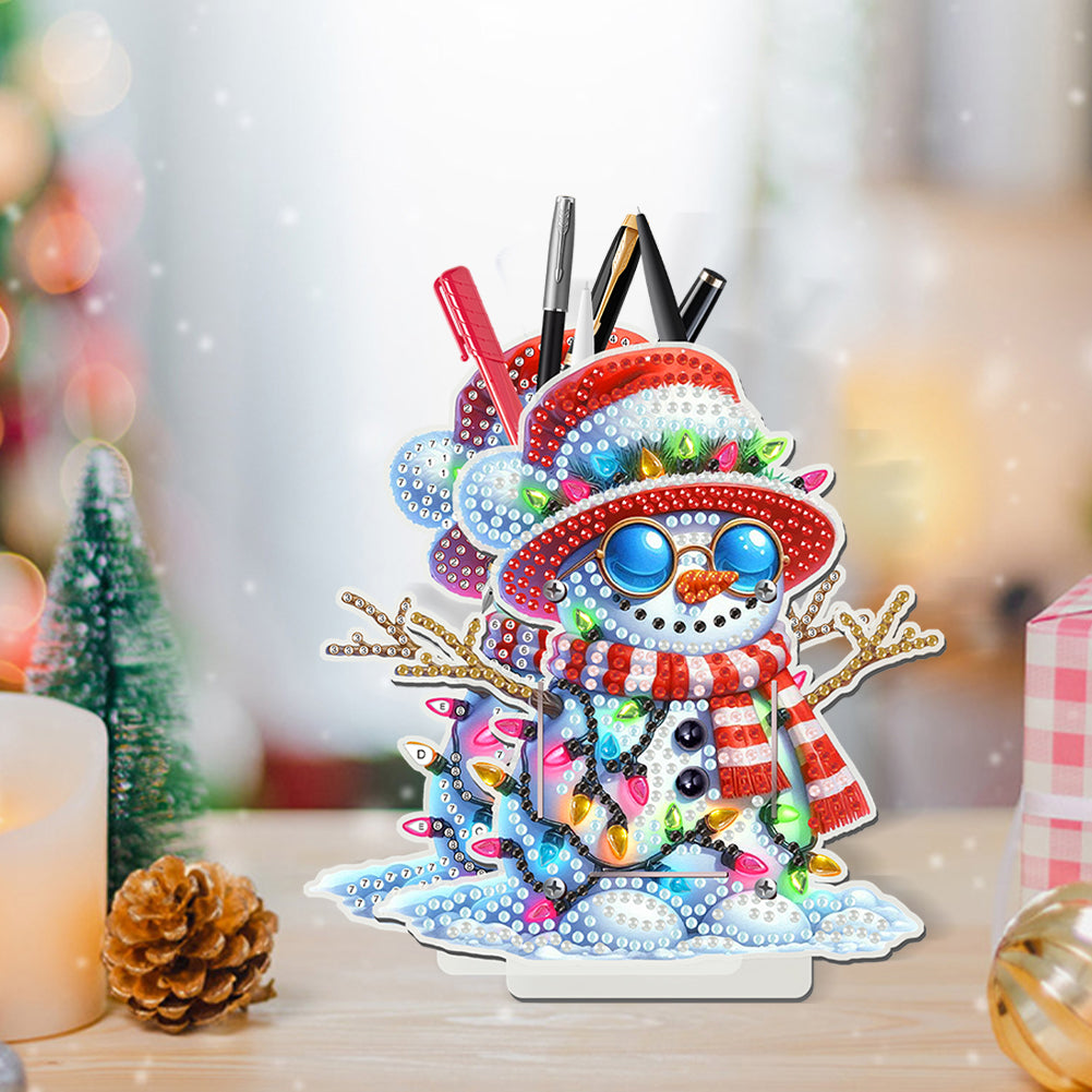 Acrylic Special Shape Double Side Xmas Snowman Diamond Painting Pencil Holder