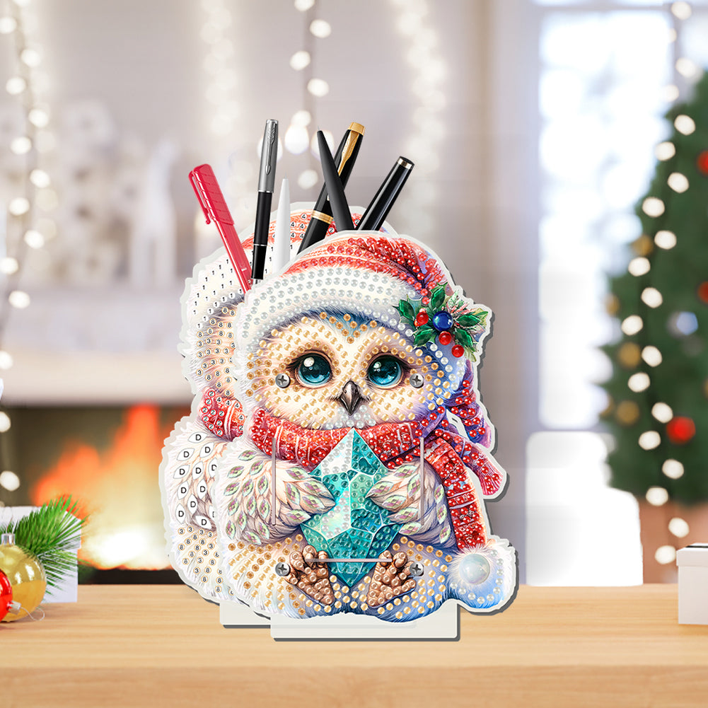 Acrylic Special Shape Double Side Christmas Owl Diamond Painting Pencil Holder