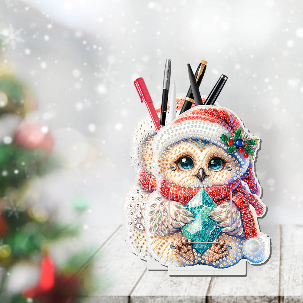 Acrylic Special Shape Double Side Christmas Owl Diamond Painting Pencil Holder