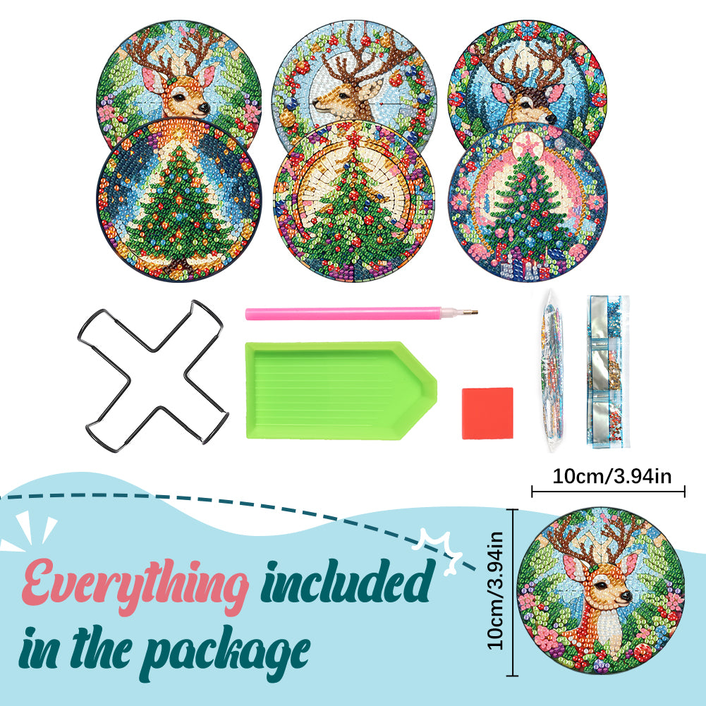 6Pcs Wooden Christmas Tree And Elk DIY Diamond Painting Coaster for Dining Table