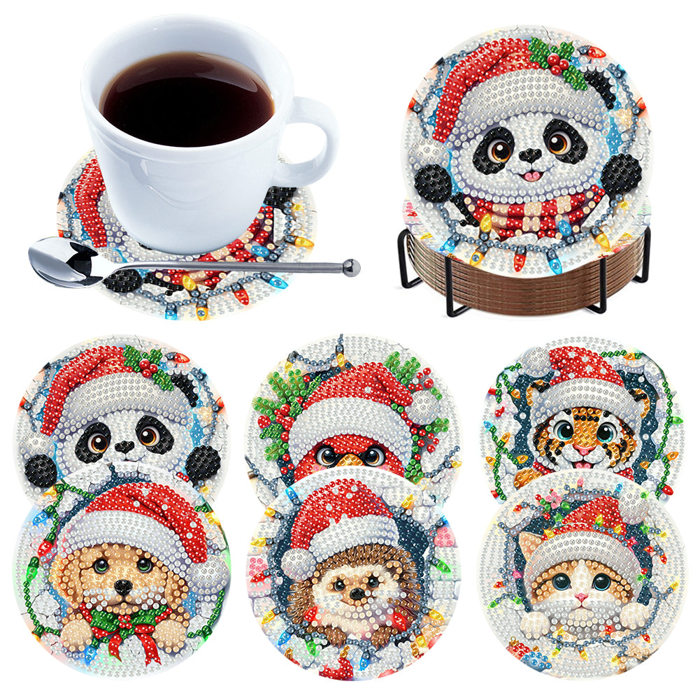 6Pcs Wooden Christmas Animals DIY Diamond Painting Coaster for Dining Table