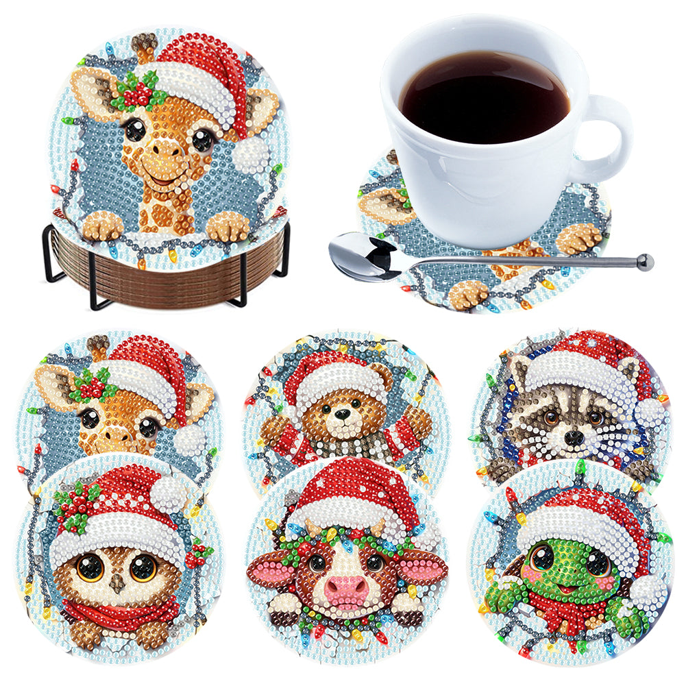 6Pcs Wooden Christmas Animals DIY Diamond Painting Coaster for Dining Table