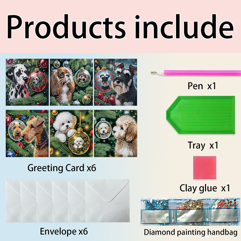 6Pcs Christmas Dogs DIY Diamond Painting Greeting Card for Holiday Party Favors